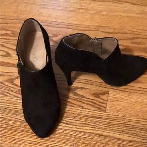 Black faux suede 4 in heel booties.